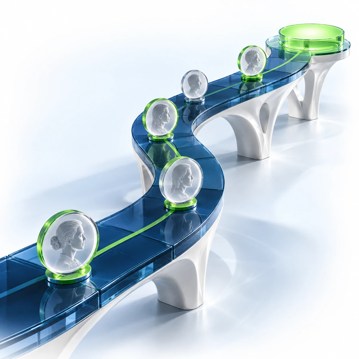 A connected path of individual buyer portraits leads toward a shared revenue destination.