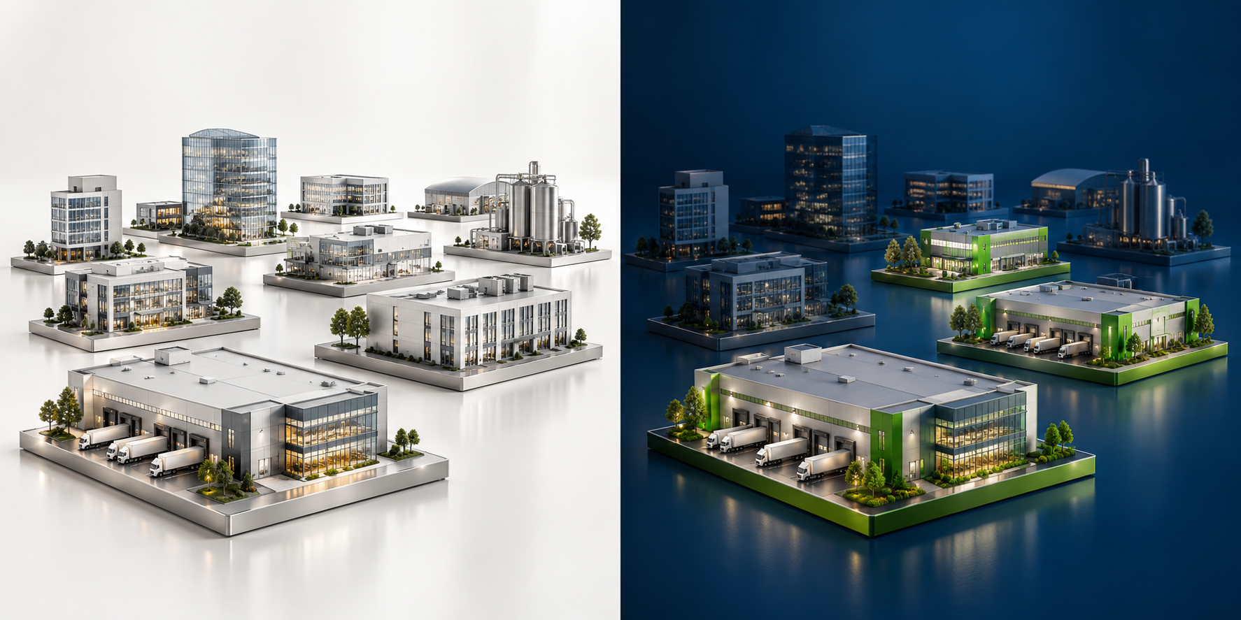 A broad market of offices, industrial companies, and warehouses.